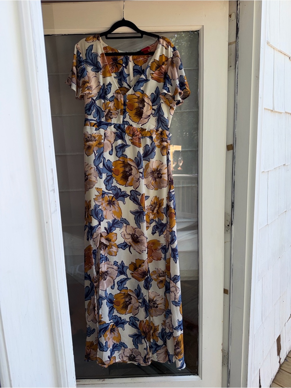 Floral Maxi Dress in White with Mustard & Blue Print cutouts